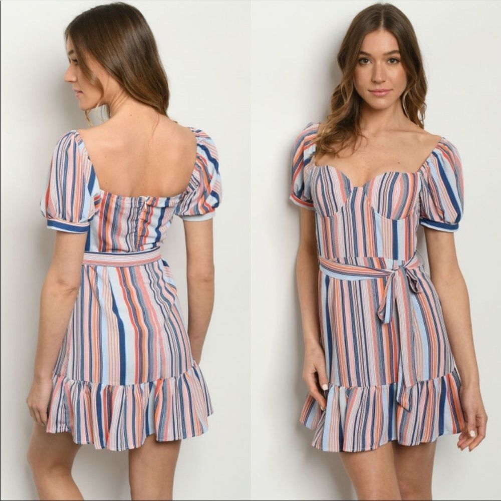 Shop 17 Mini Dress Size Small Striped Multi Color Waist Tie Feminine Ruffle NWT - Picture 2 of 6